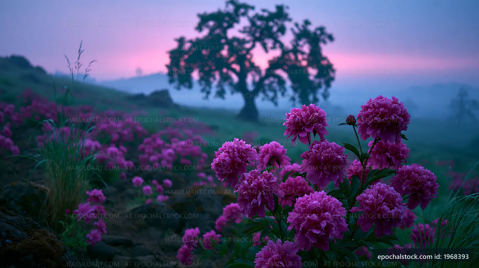 Flowers bloom in a field during dawn with a tree in the background