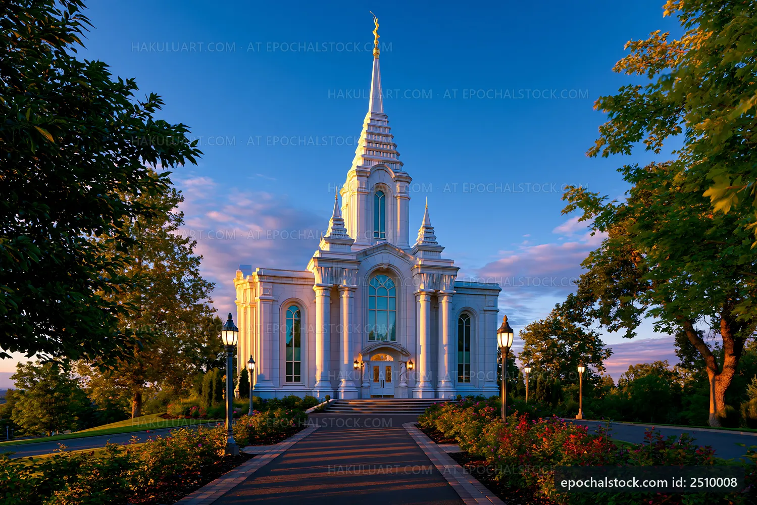 White architectural building with tall spire surrounded by trees