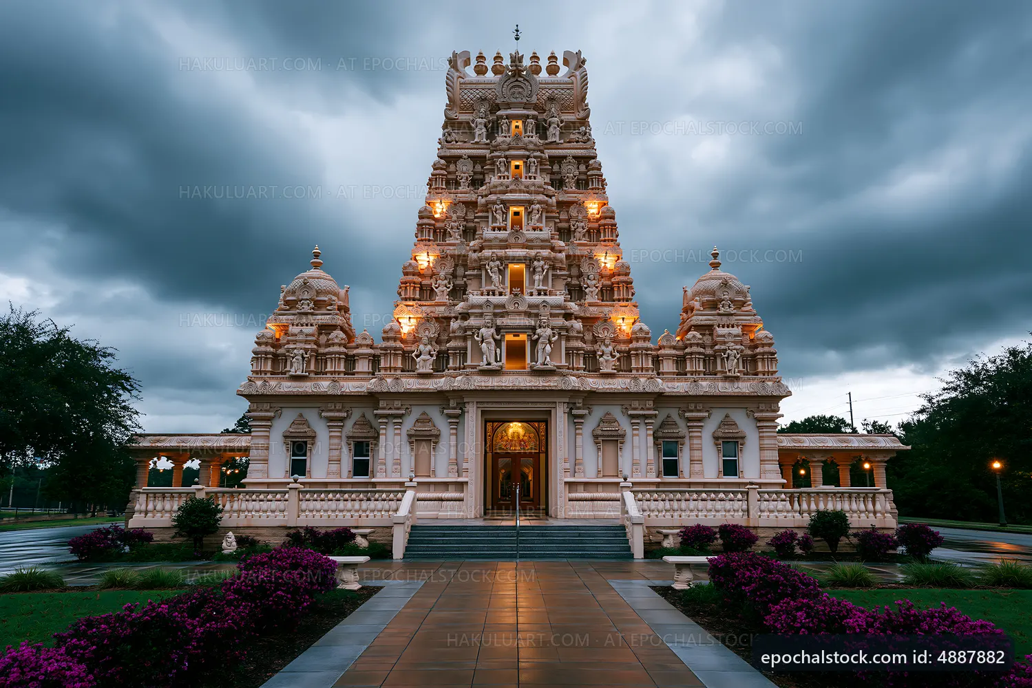 Hindu temple architecture with cloudy sky at dusk
