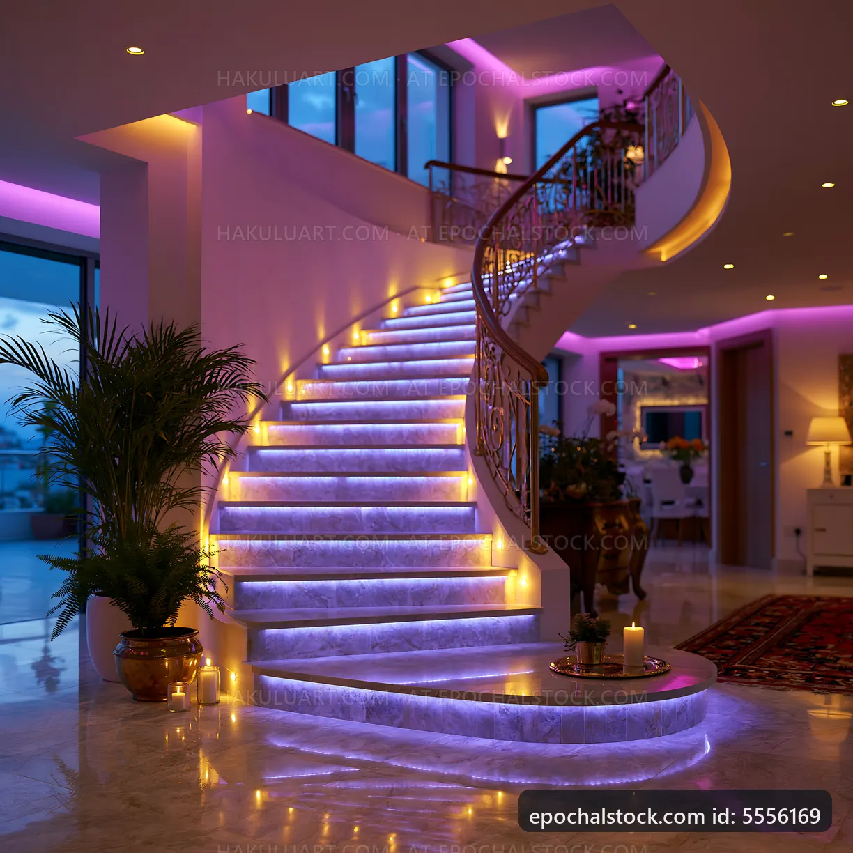 Elegant spiral staircase with glowing lights in modern interior