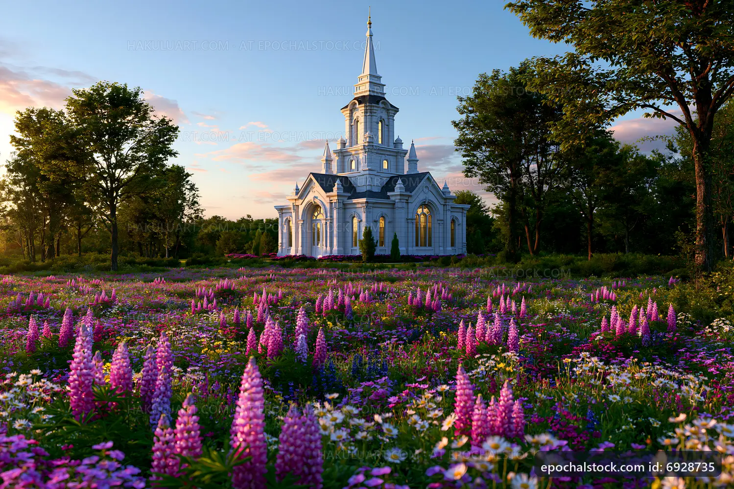 Church surrounded by flowers at sunset