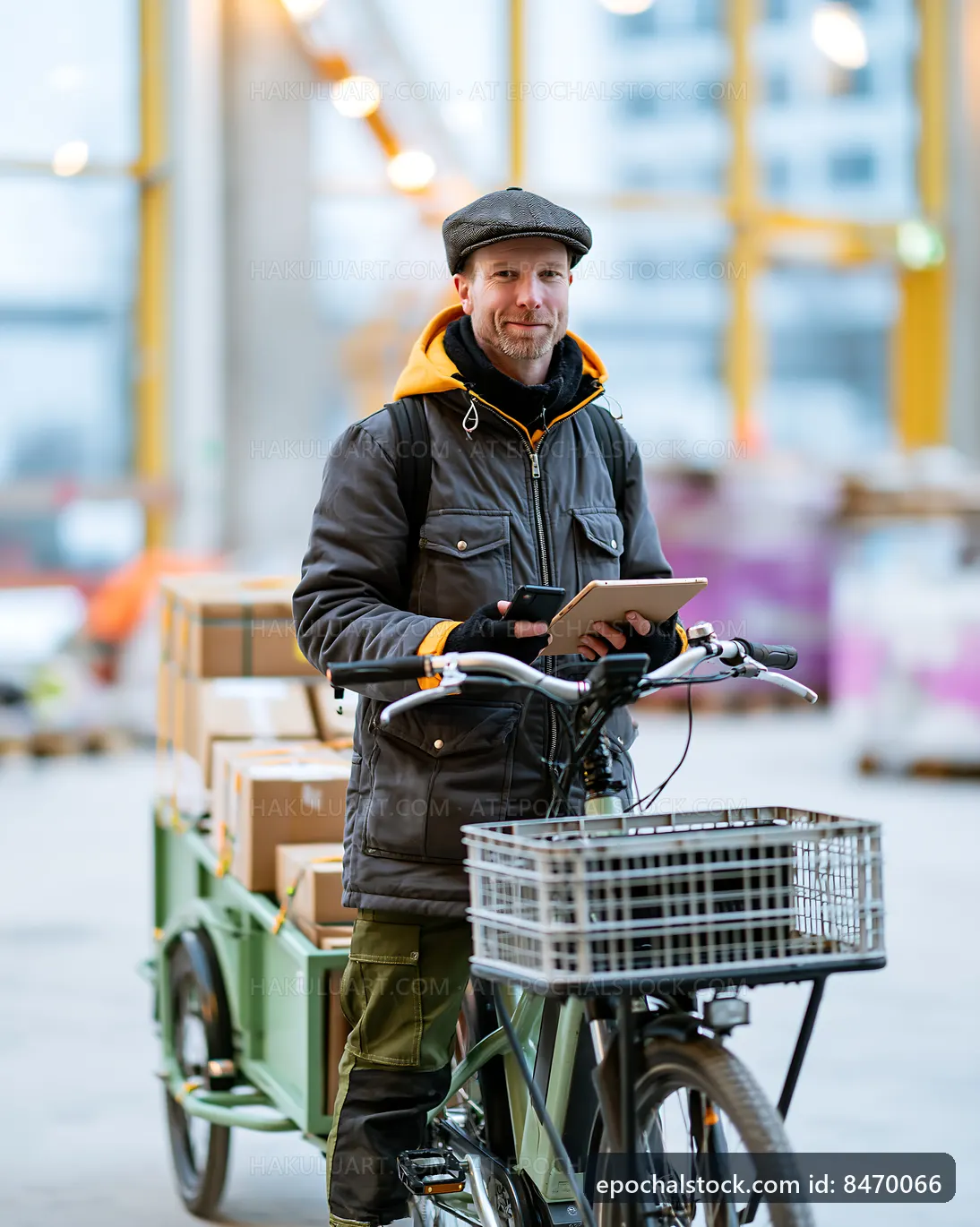 Man with bicycle delivery in warehouse holding a tablet
