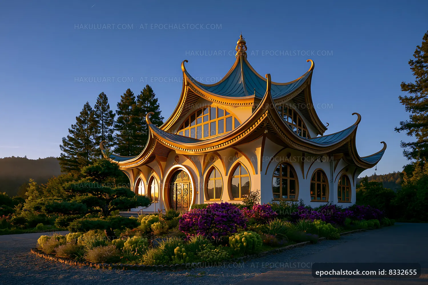 Unique architectural building surrounded by trees at sunset