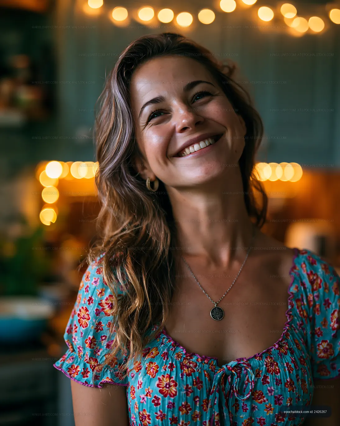 Woman smiling in a cozy kitchen with warm lights in the background