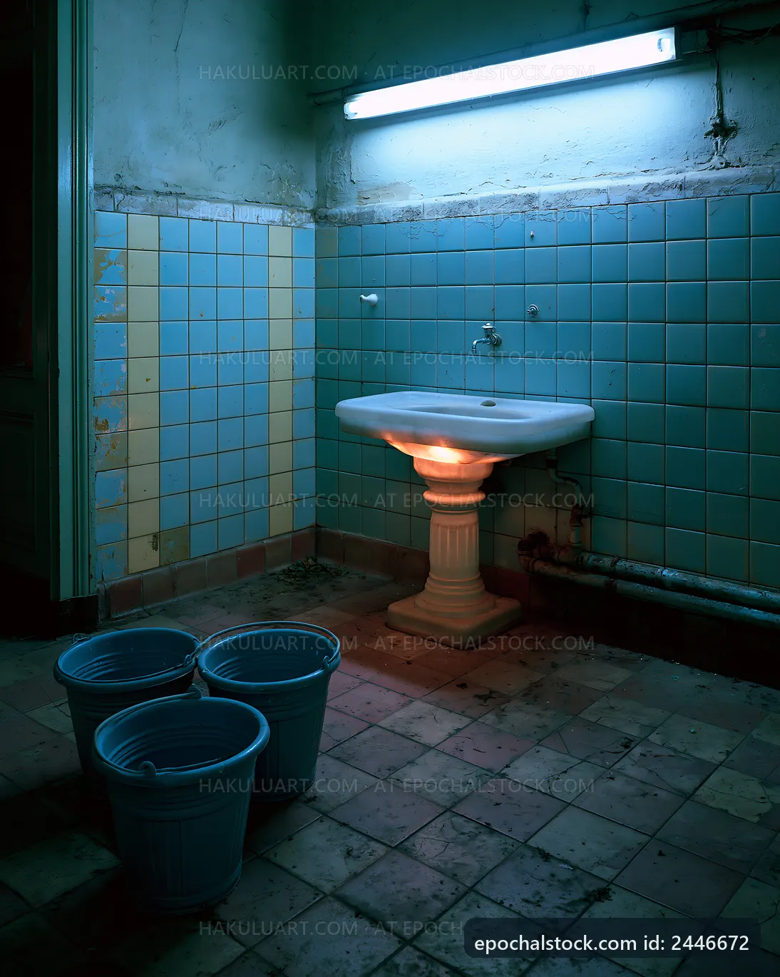 Old bathroom with sink and buckets in a neglected space
