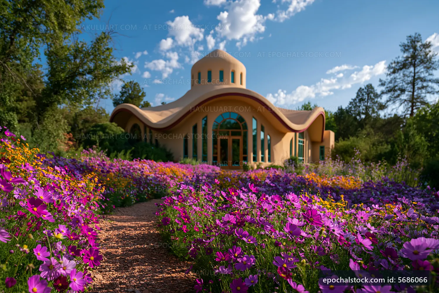 Colorful flowers frame artistic building in a garden