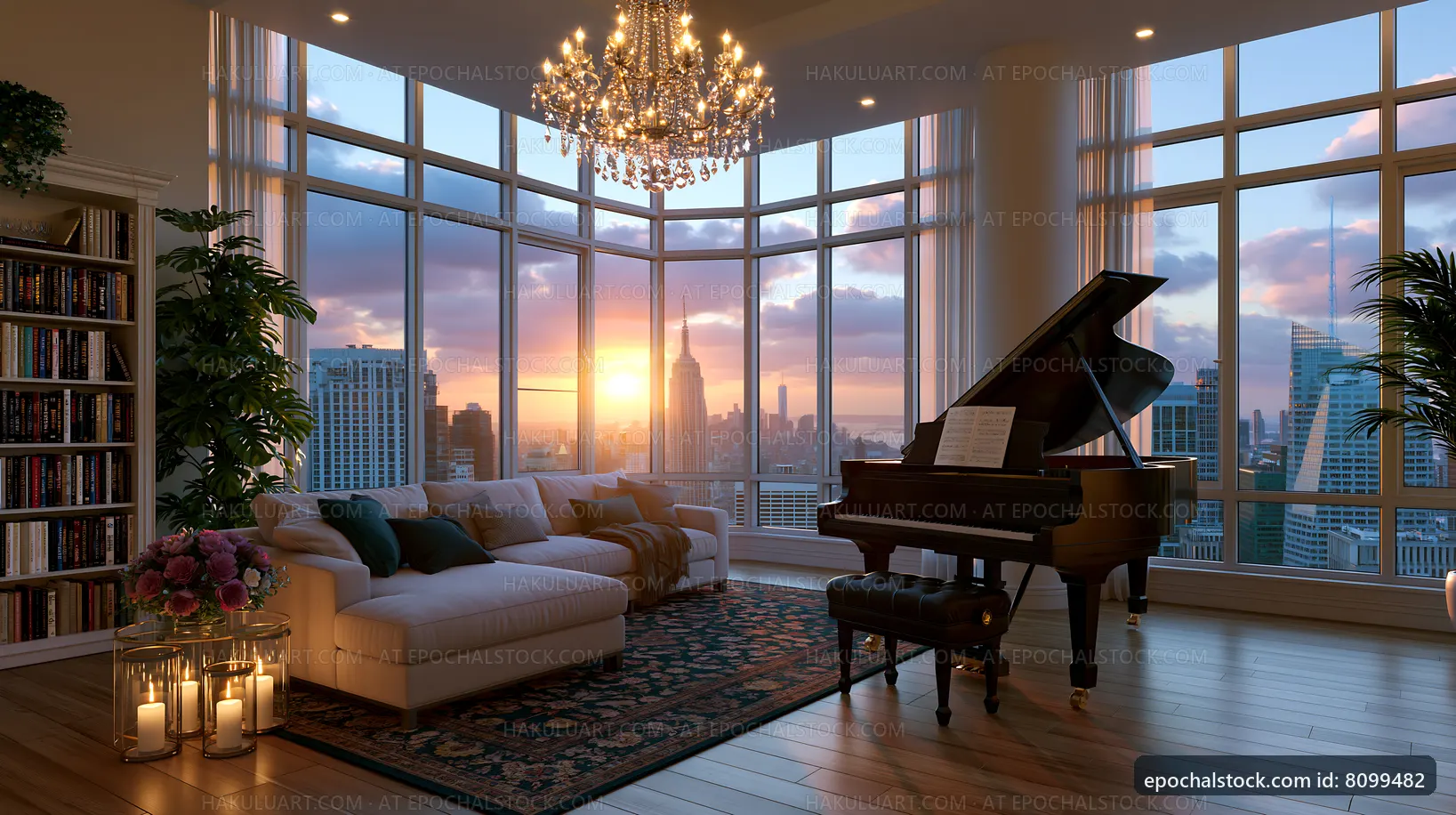 Elegant living room with grand piano and sunset view