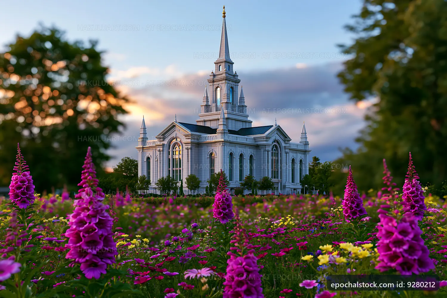 Church surrounded by colorful flowers during sunset