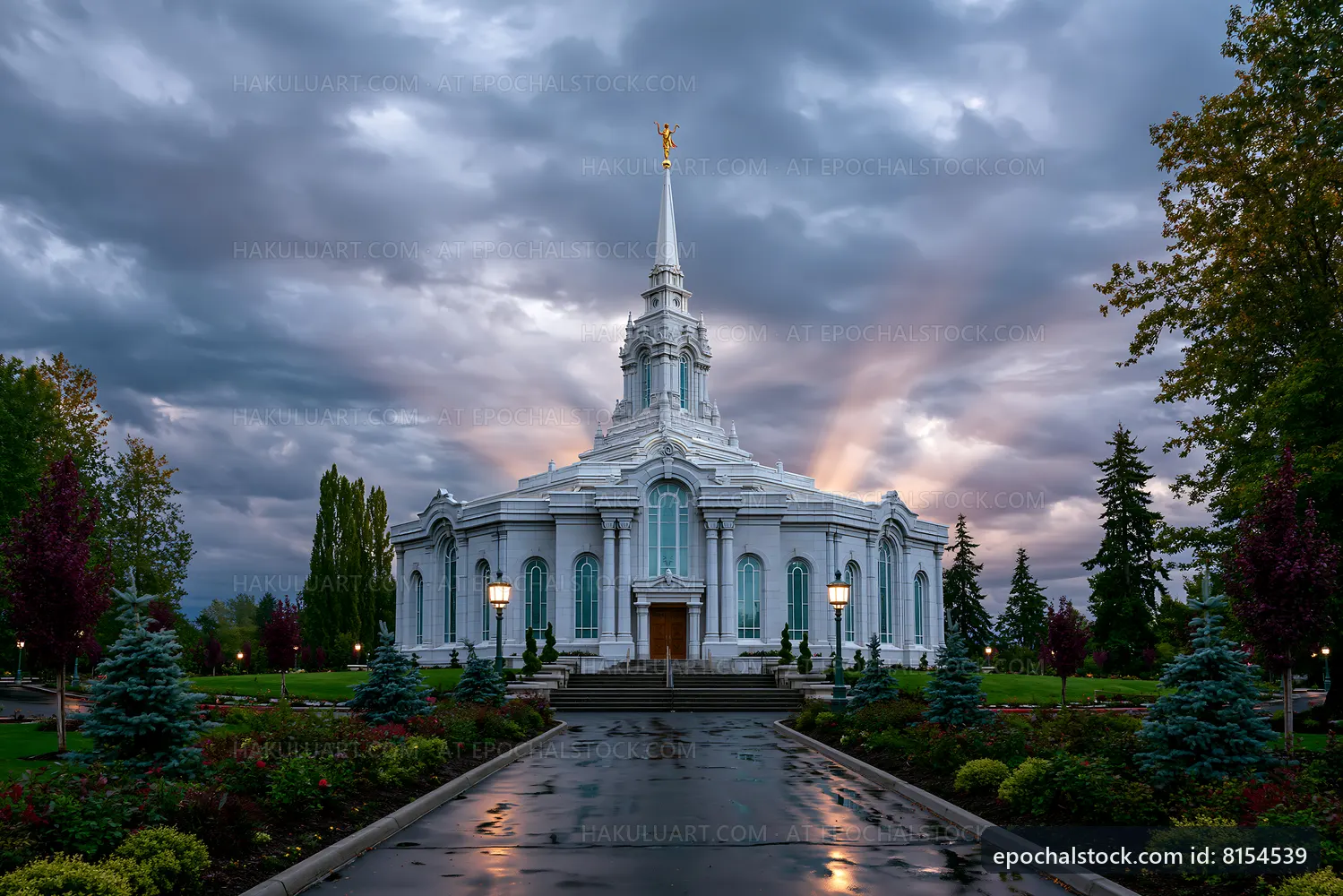 Church building with tall spire under cloudy sky at sunset
