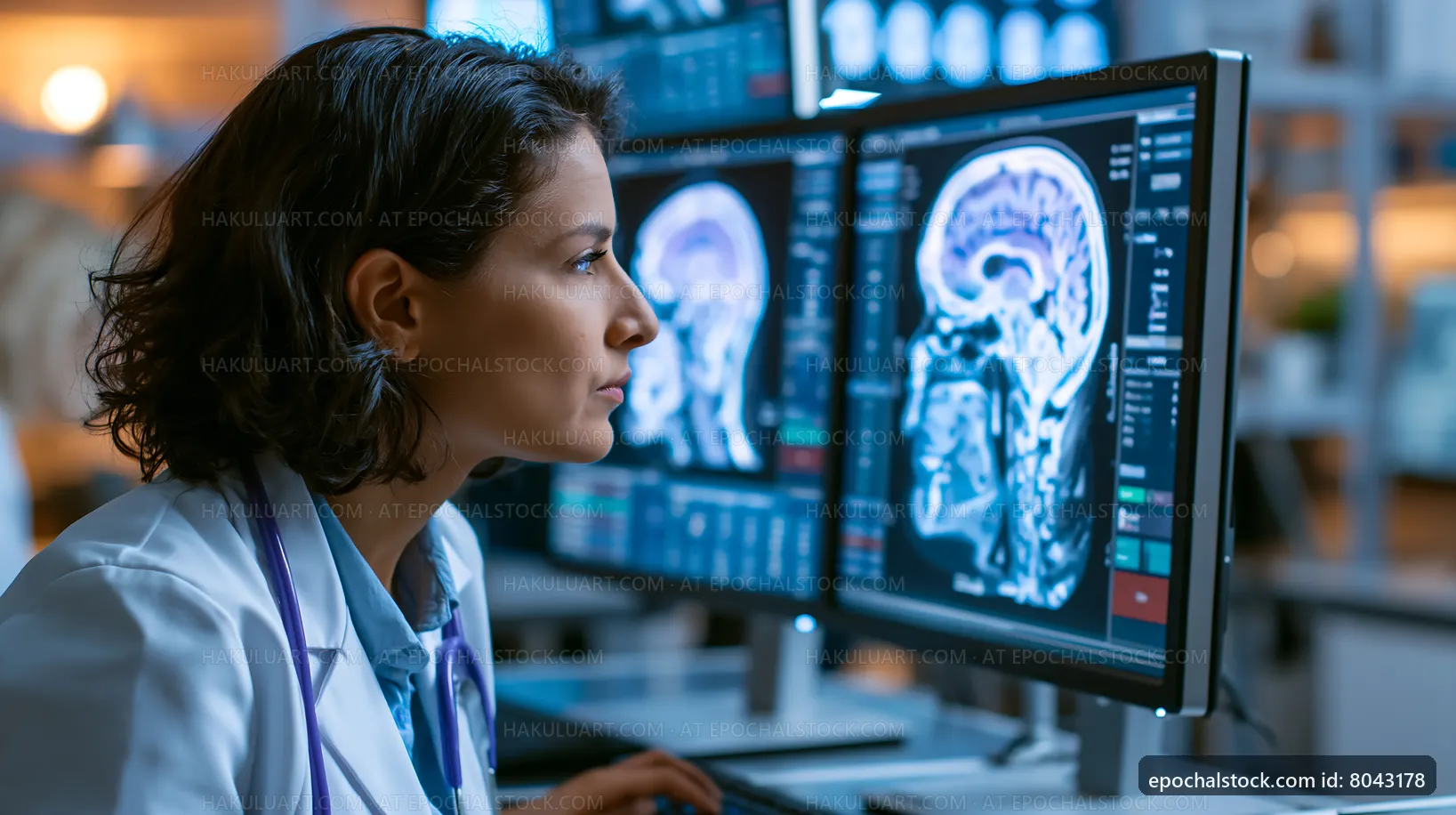 Doctor analyzing brain scans at hospital workstation