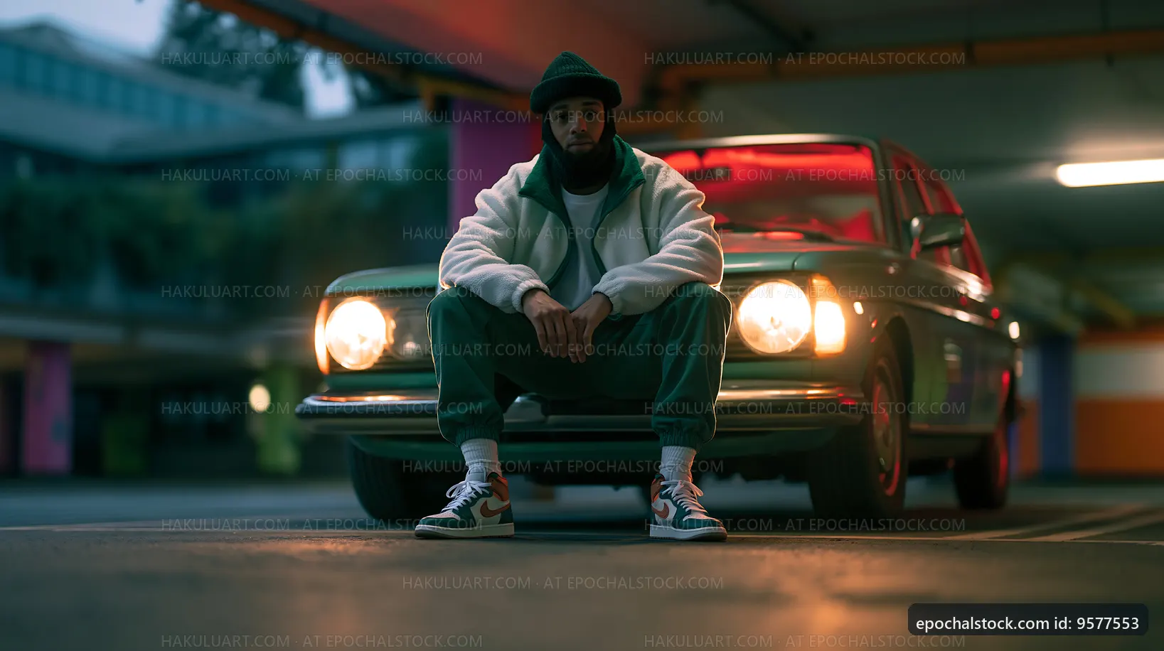 Man sitting in front of classic car in parking garage