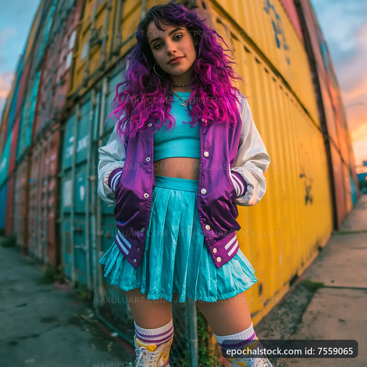 Young woman poses in street fashion near colorful shipping containers