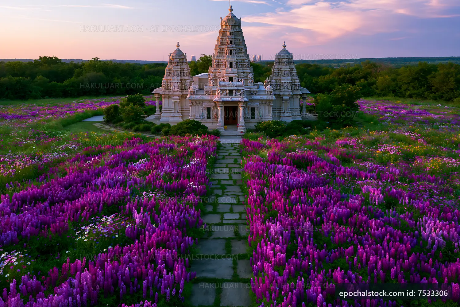 Temple surrounded by purple flowers at sunset
