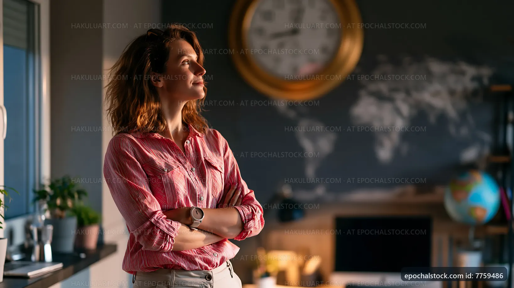 Woman standing in office with a thoughtful expression