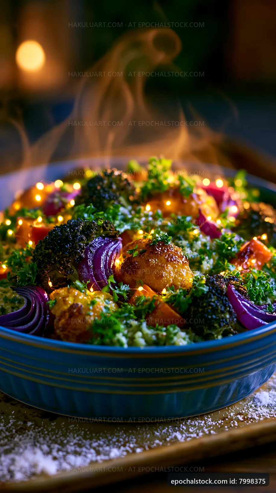 Colorful vegetable dish with steam on a wooden table