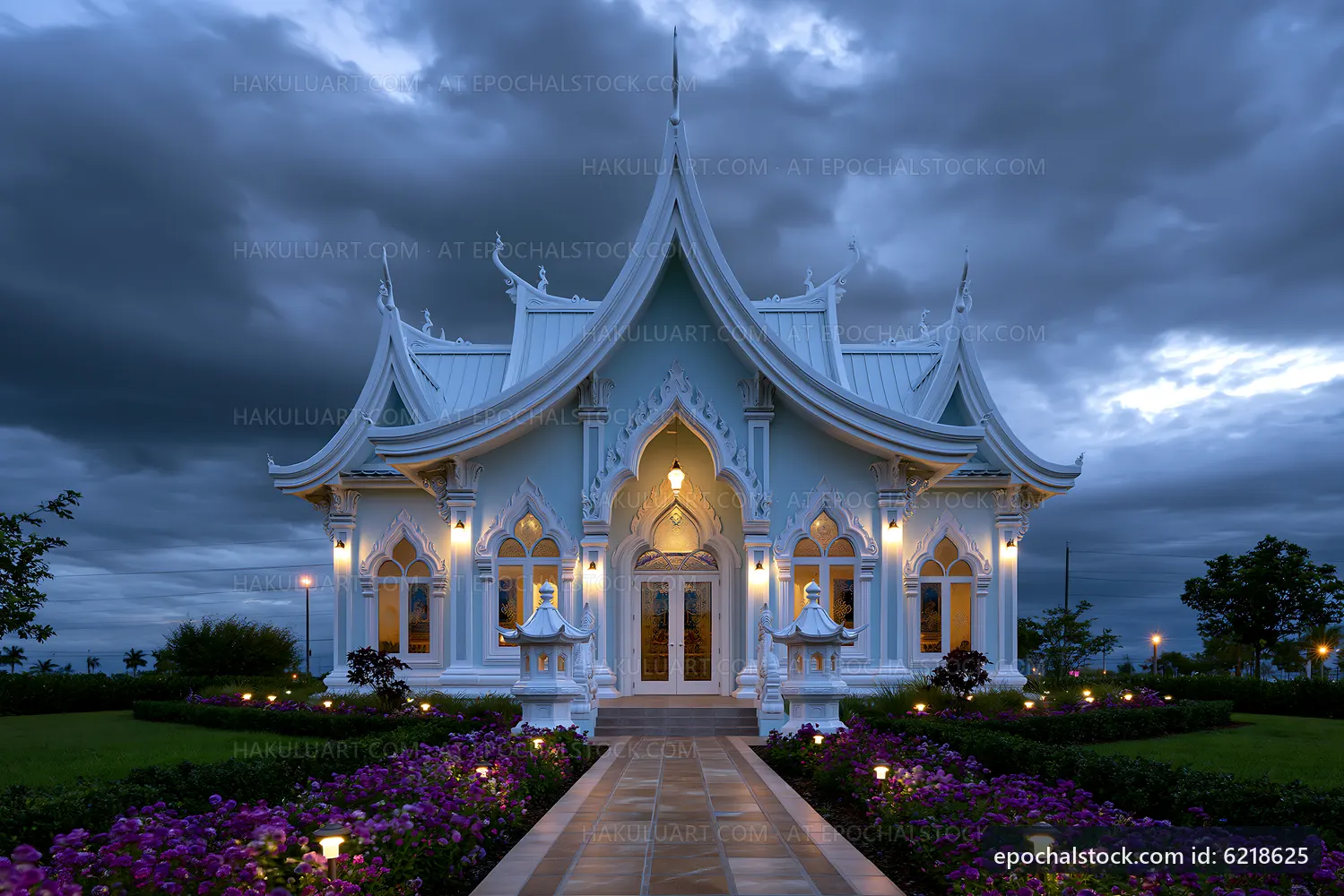White temple with flowers under cloudy sky at dusk