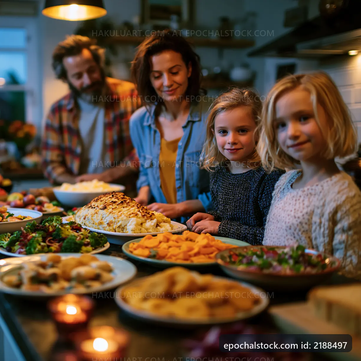 Family enjoying a meal together at home with various dishes