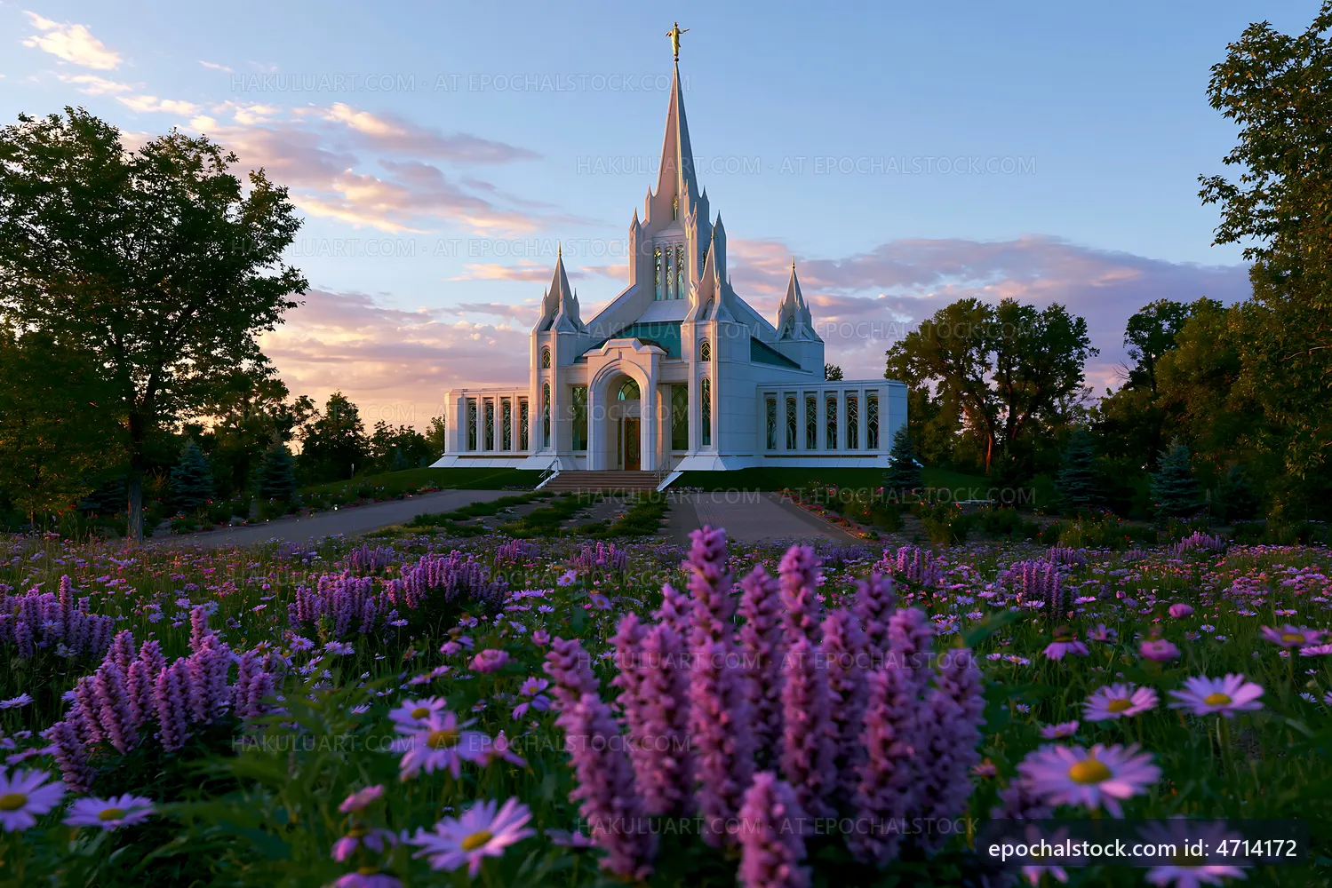 Stunning church building surrounded by flowers at sunset