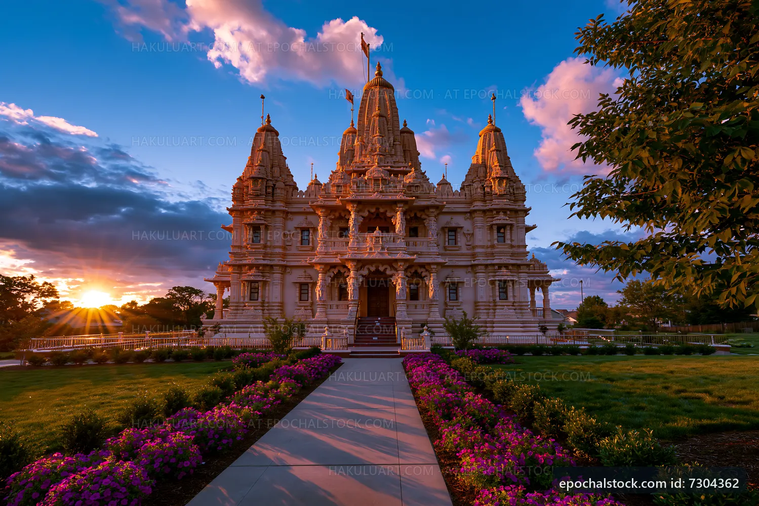 Sunset view of a temple surrounded by flowers and trees