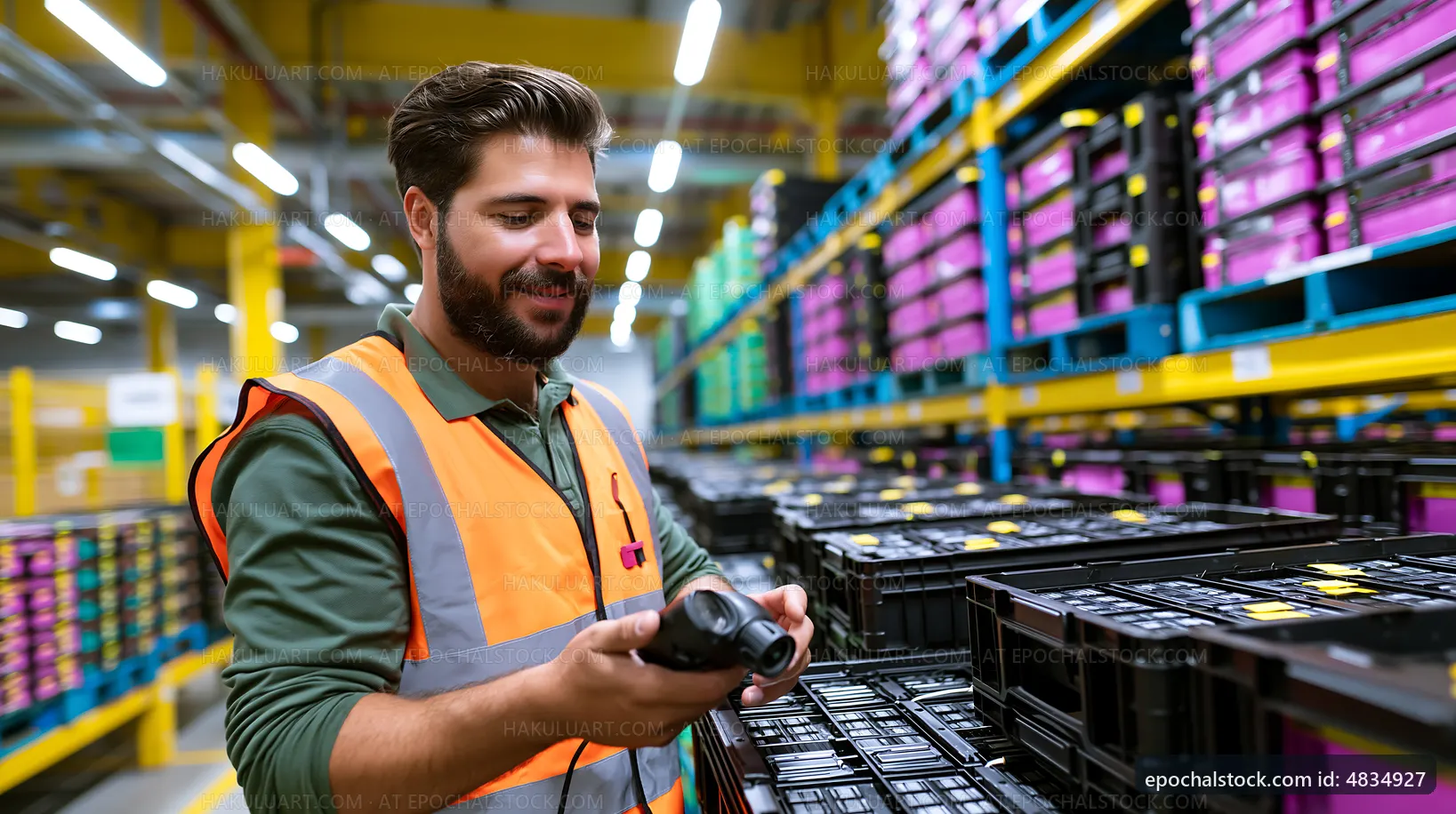 Worker checks inventory in a warehouse with storage bins