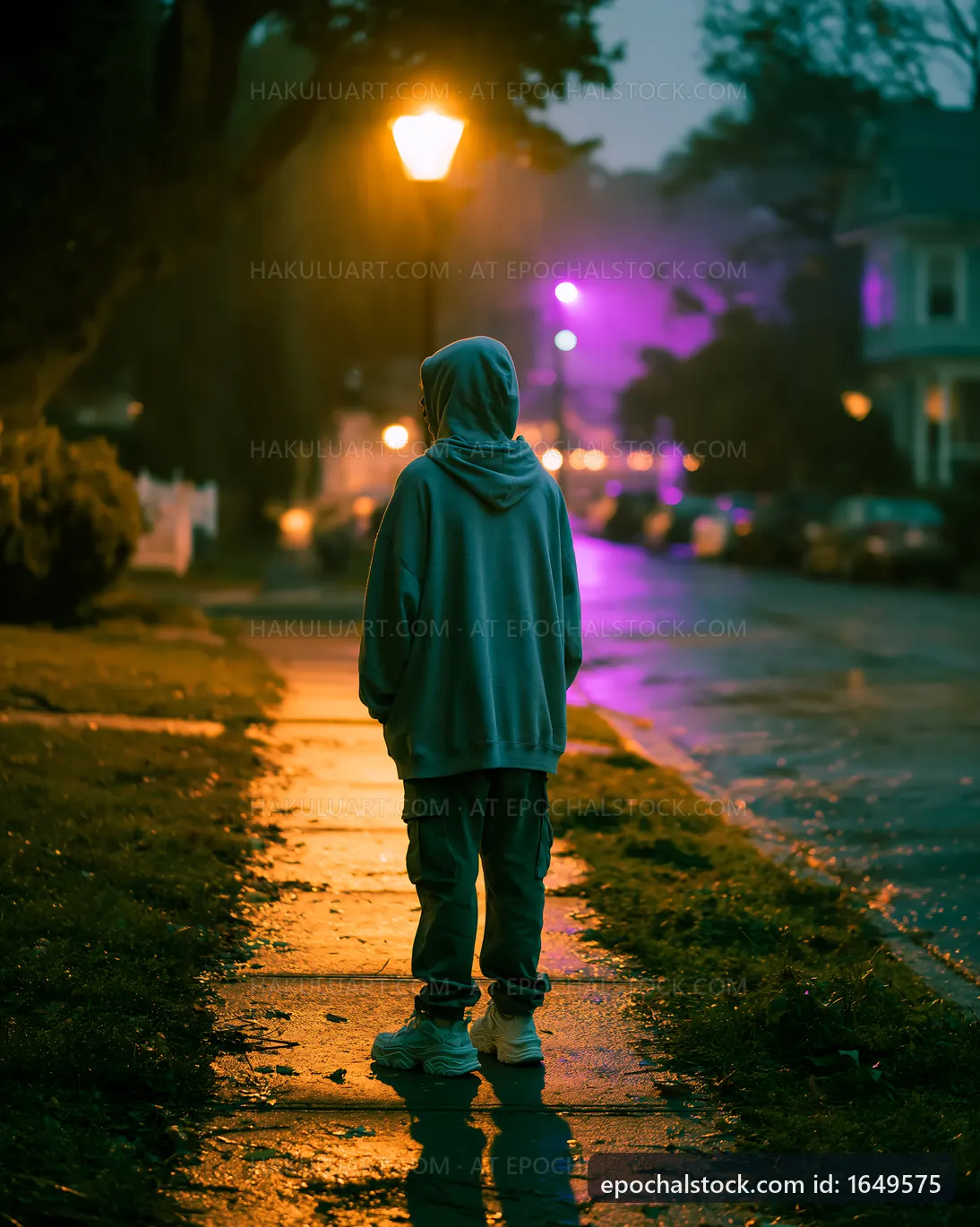 Person walking on the sidewalk in a city at night