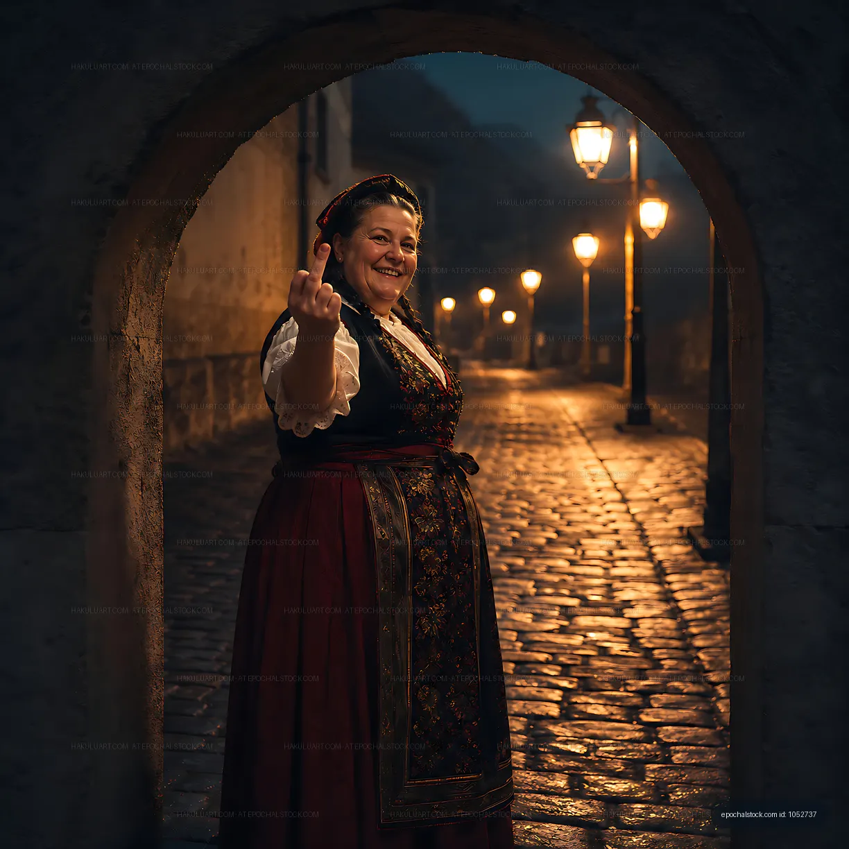 Woman in traditional dress gestures playfully in cobblestone street