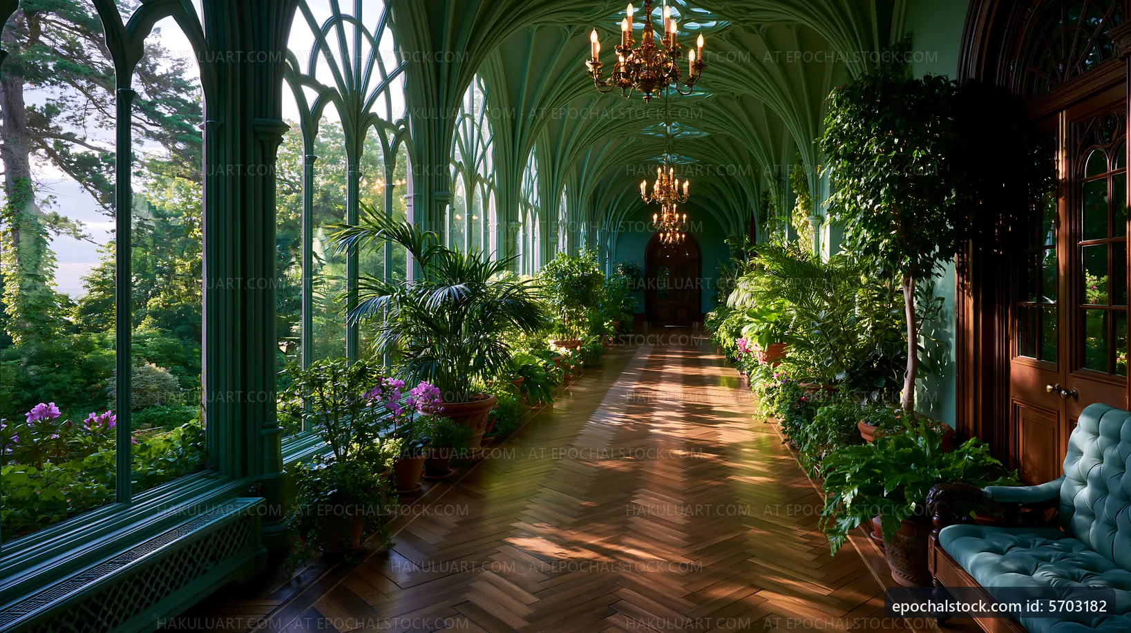 Elegant corridor with greenery and sunlight in historic building