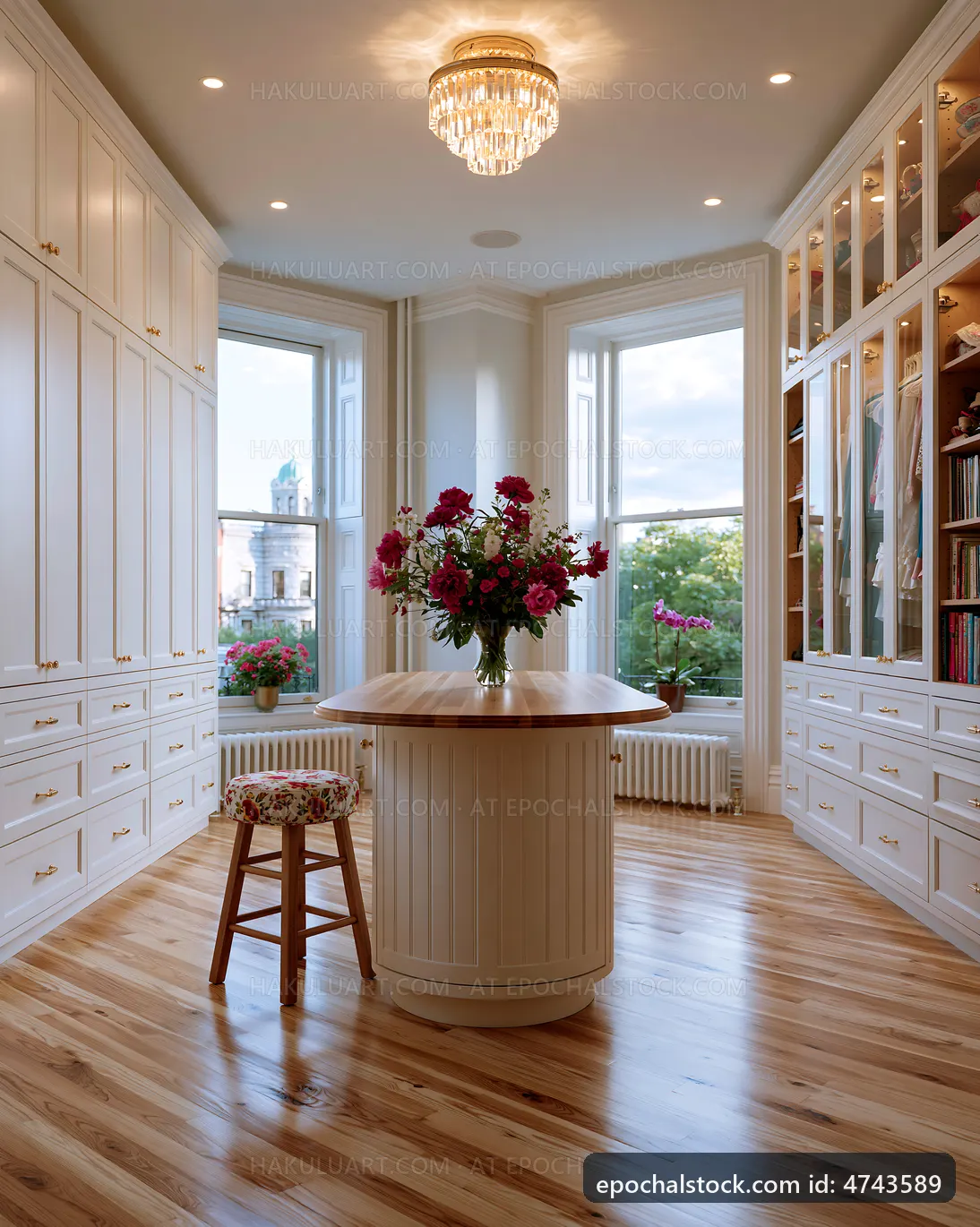 Bright room with wooden floor and floral arrangement on table