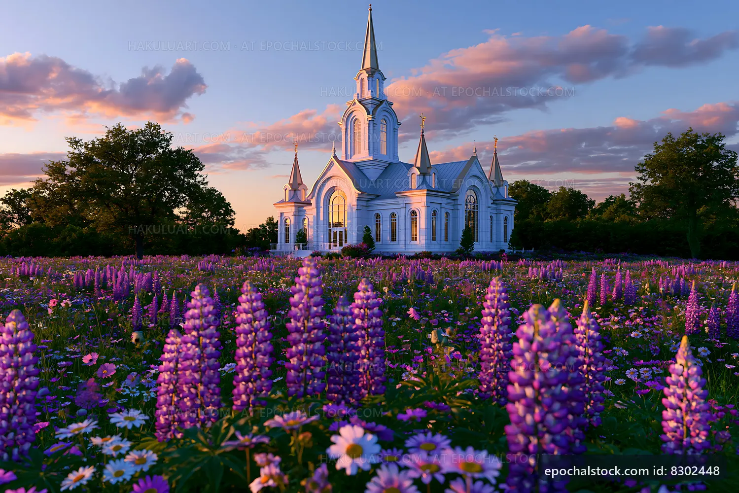 Church with flowers during sunset in a rural field
