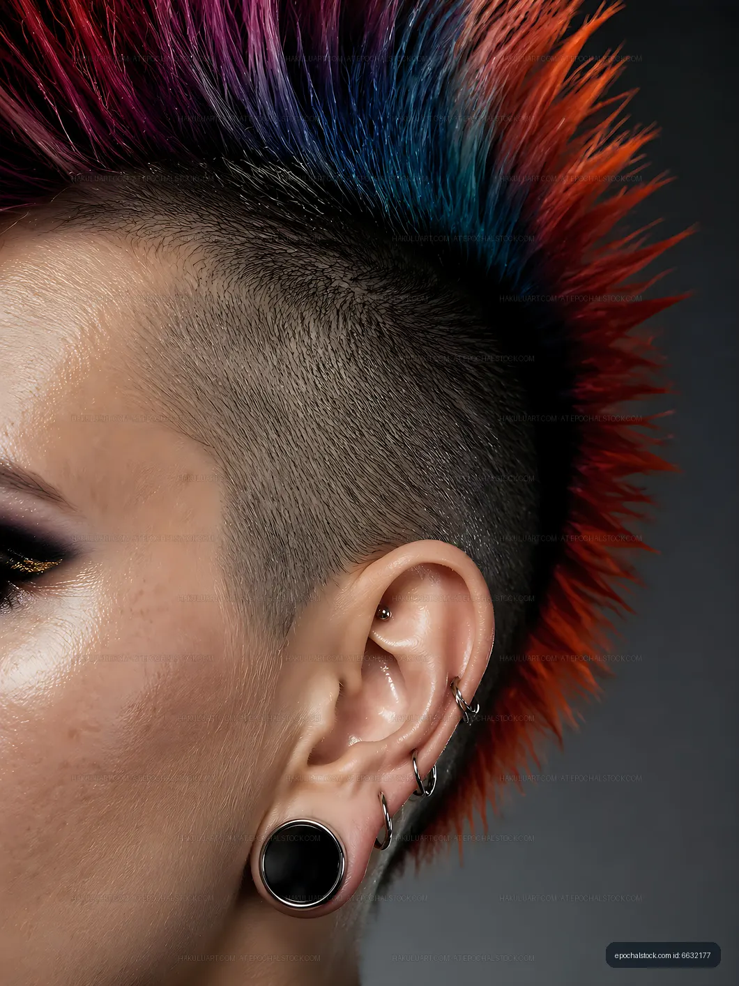 Colorful mohawk hairstyle with piercings on a person