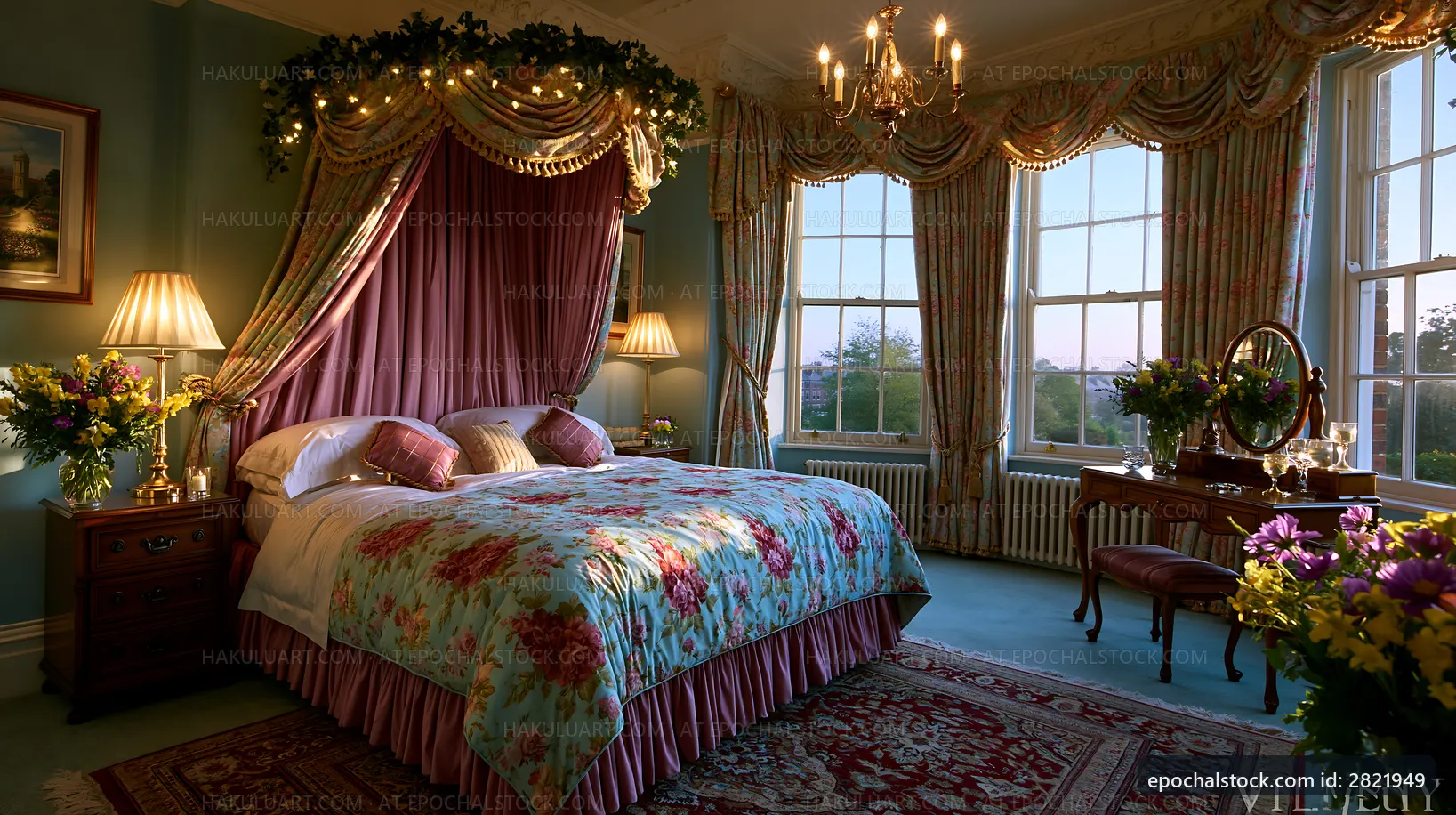 Cozy bedroom with floral decor and large windows in the evening