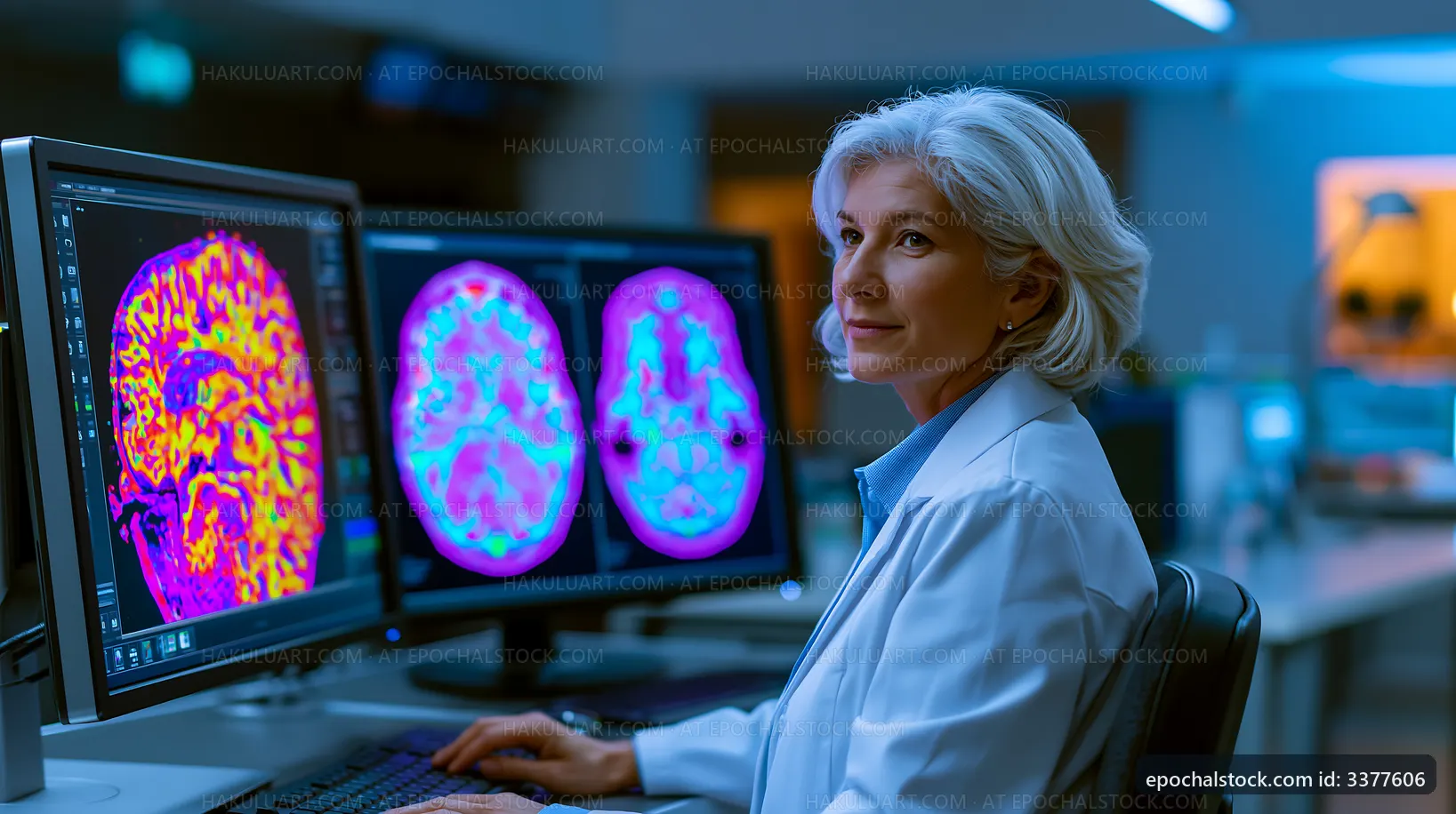 Medical professional reviewing brain images in a lab setting