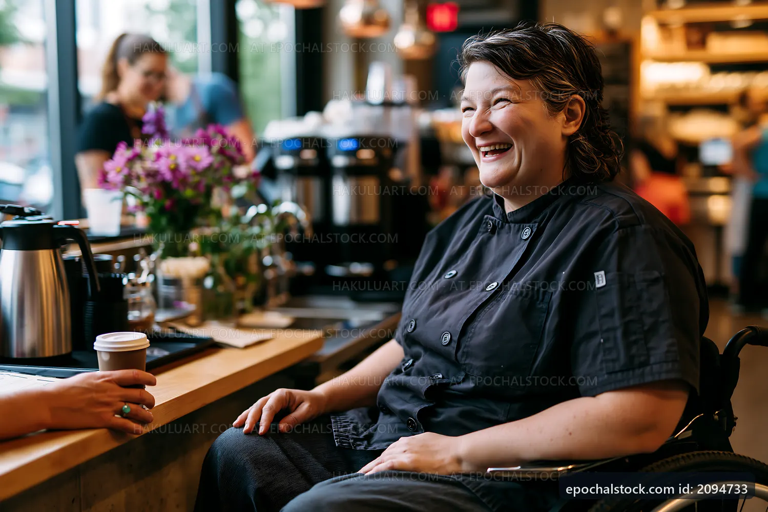 Chef smiling in a cafe while sitting in a wheelchair