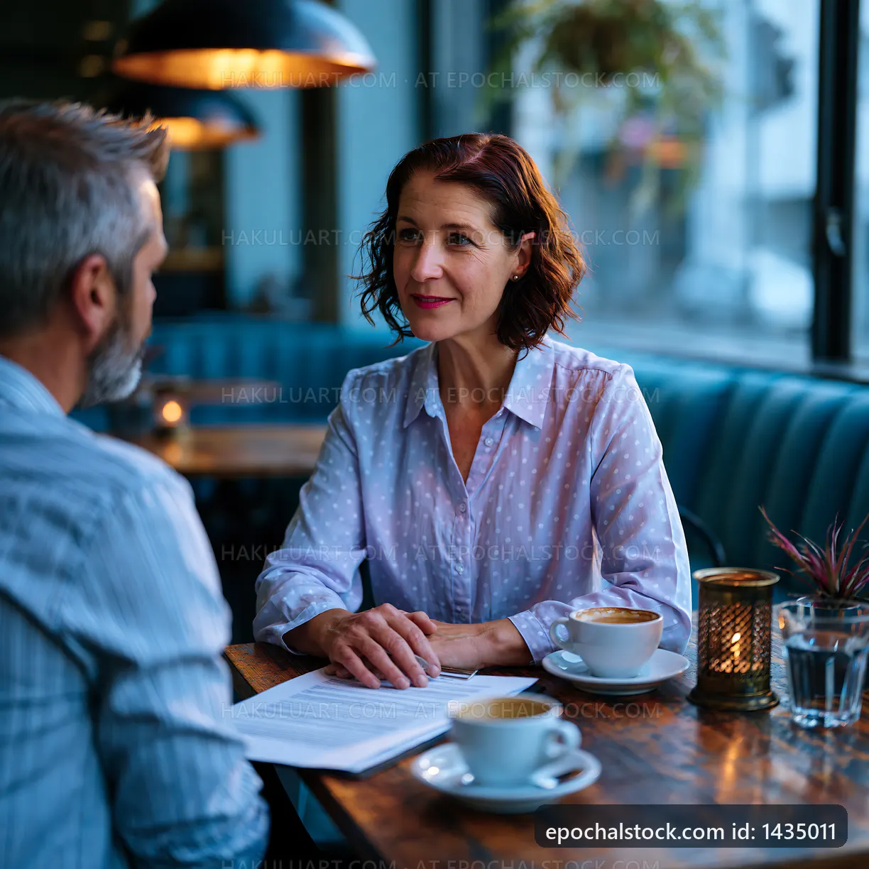 Conversation between two people in a cafe with coffee