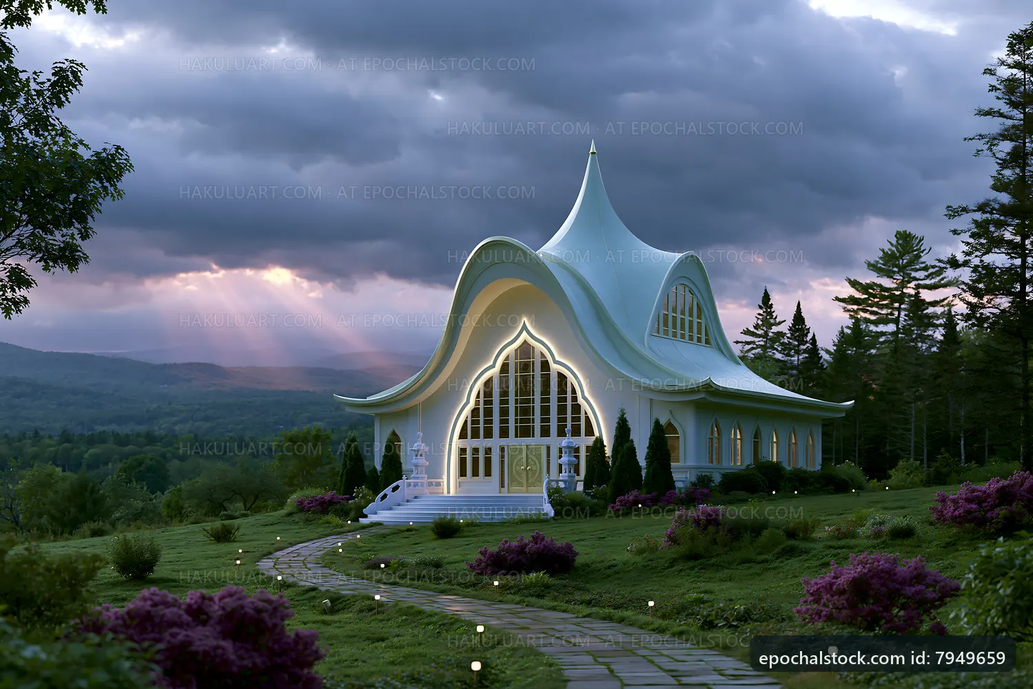 Unique building with curved roof set in a natural landscape
