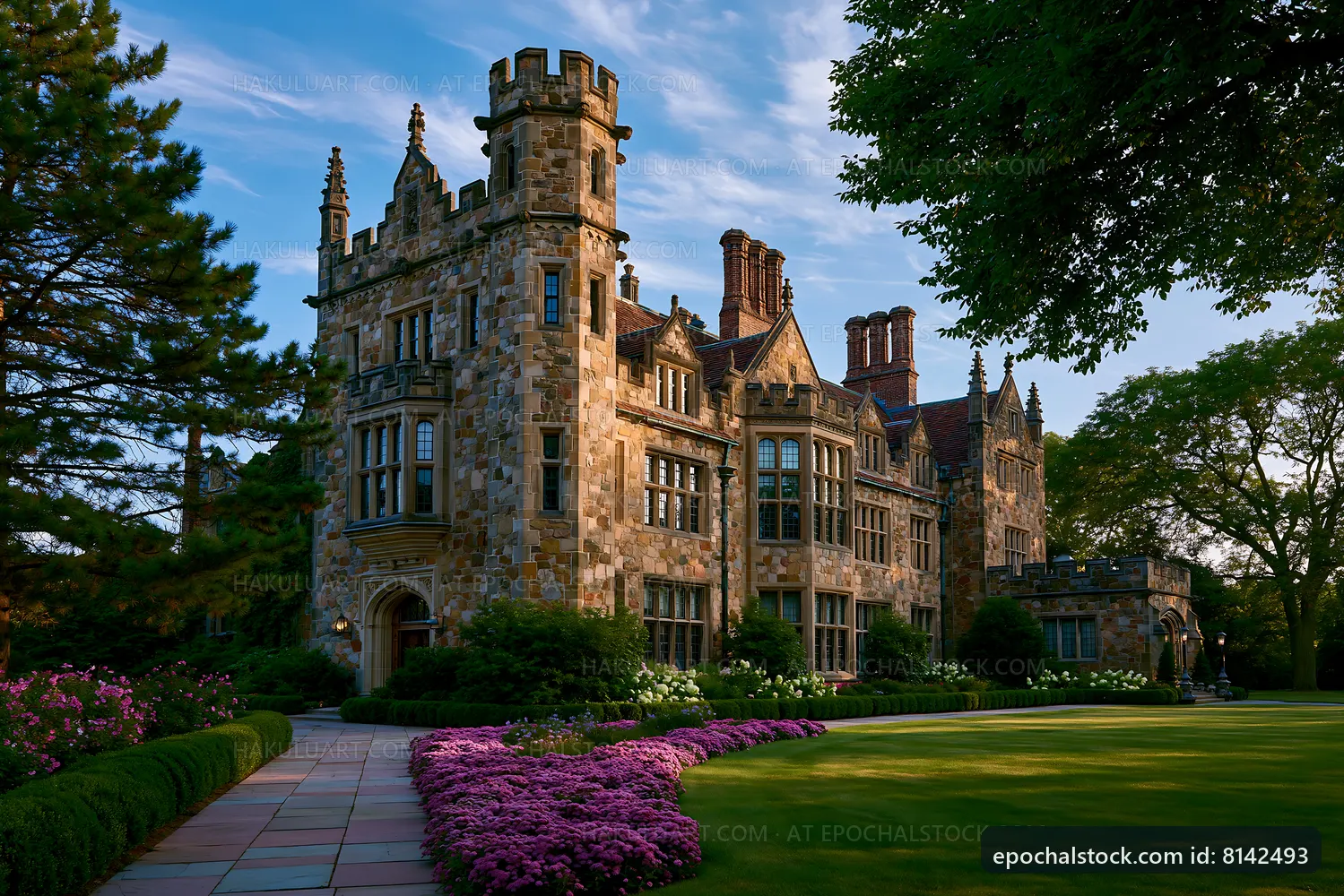 Historic stone castle surrounded by vibrant gardens at sunset