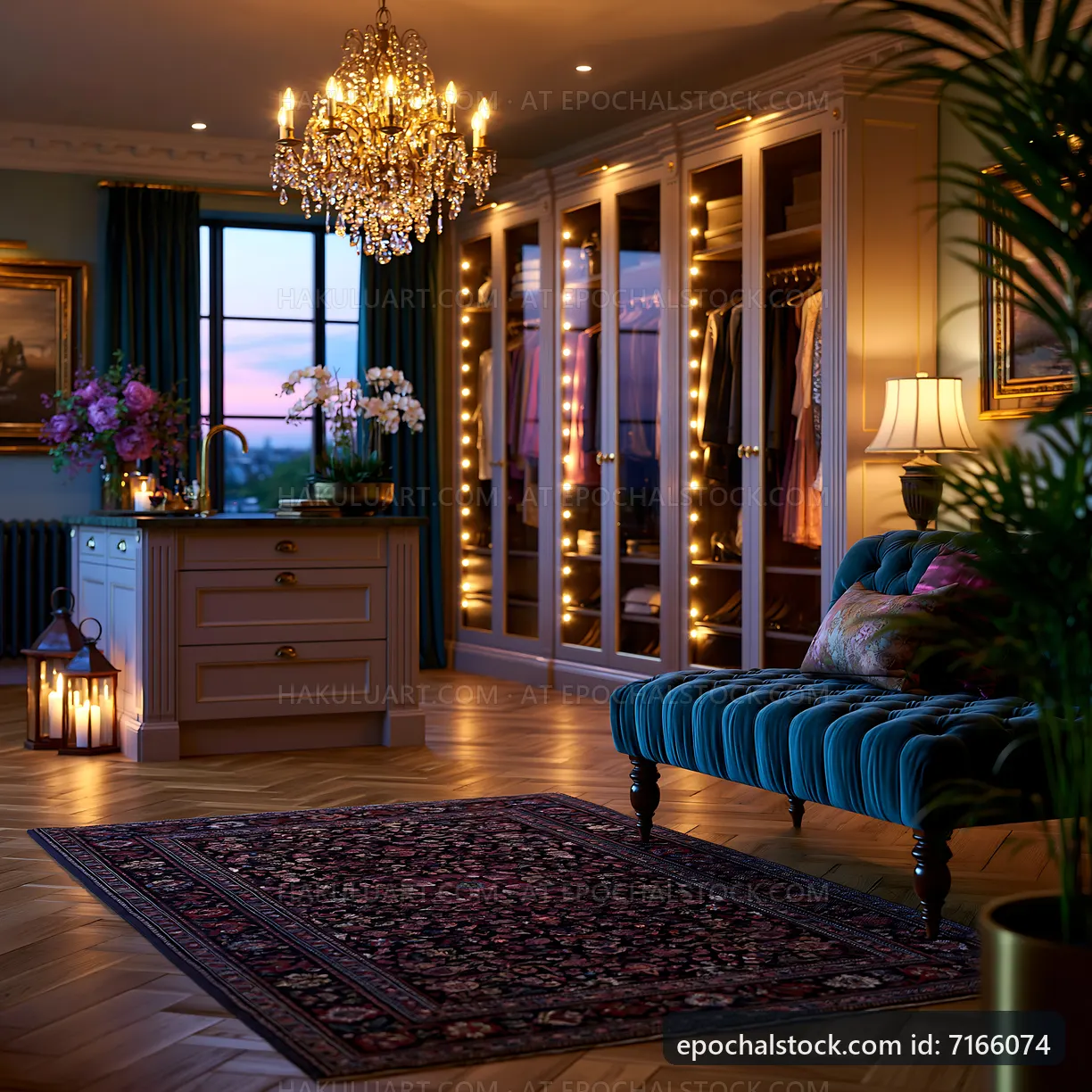 Cozy room with chandelier and wardrobe in soft evening light
