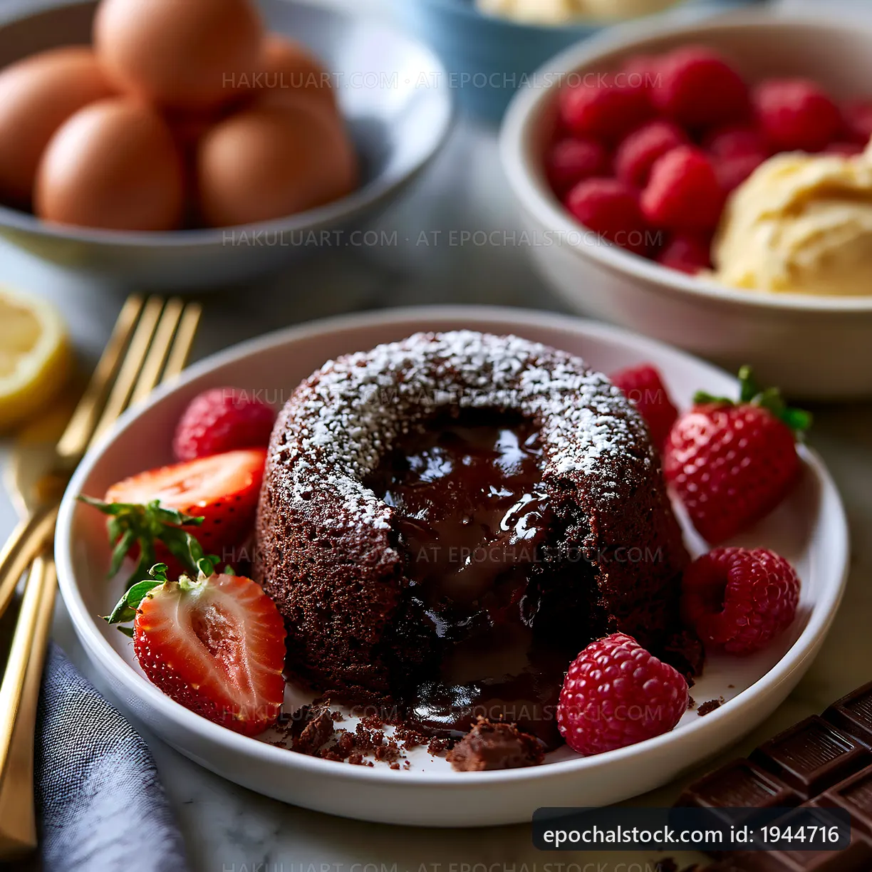 Chocolate lava cake with strawberries and raspberries on a plate