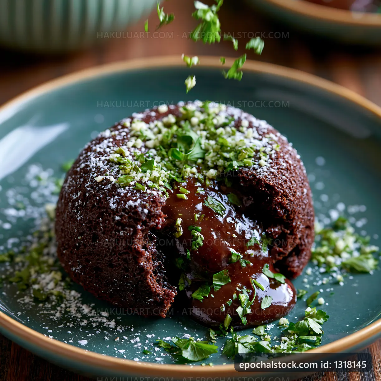 Chocolate dessert with melting center served on a plate