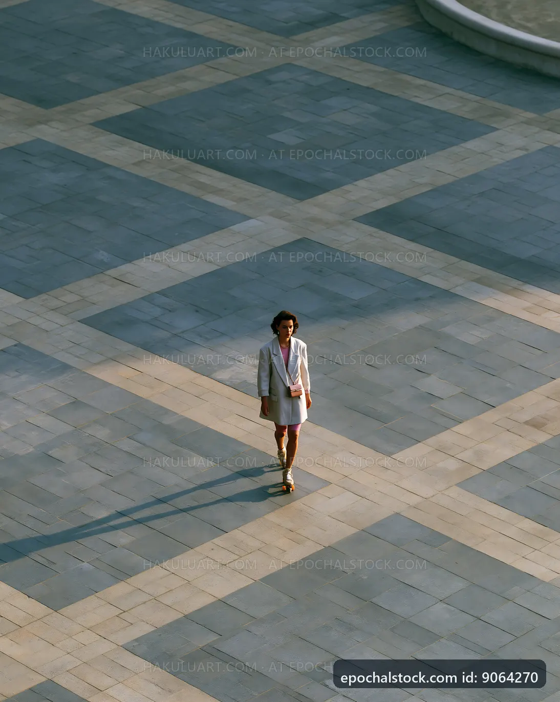 Person walking on a patterned pavement in a city square