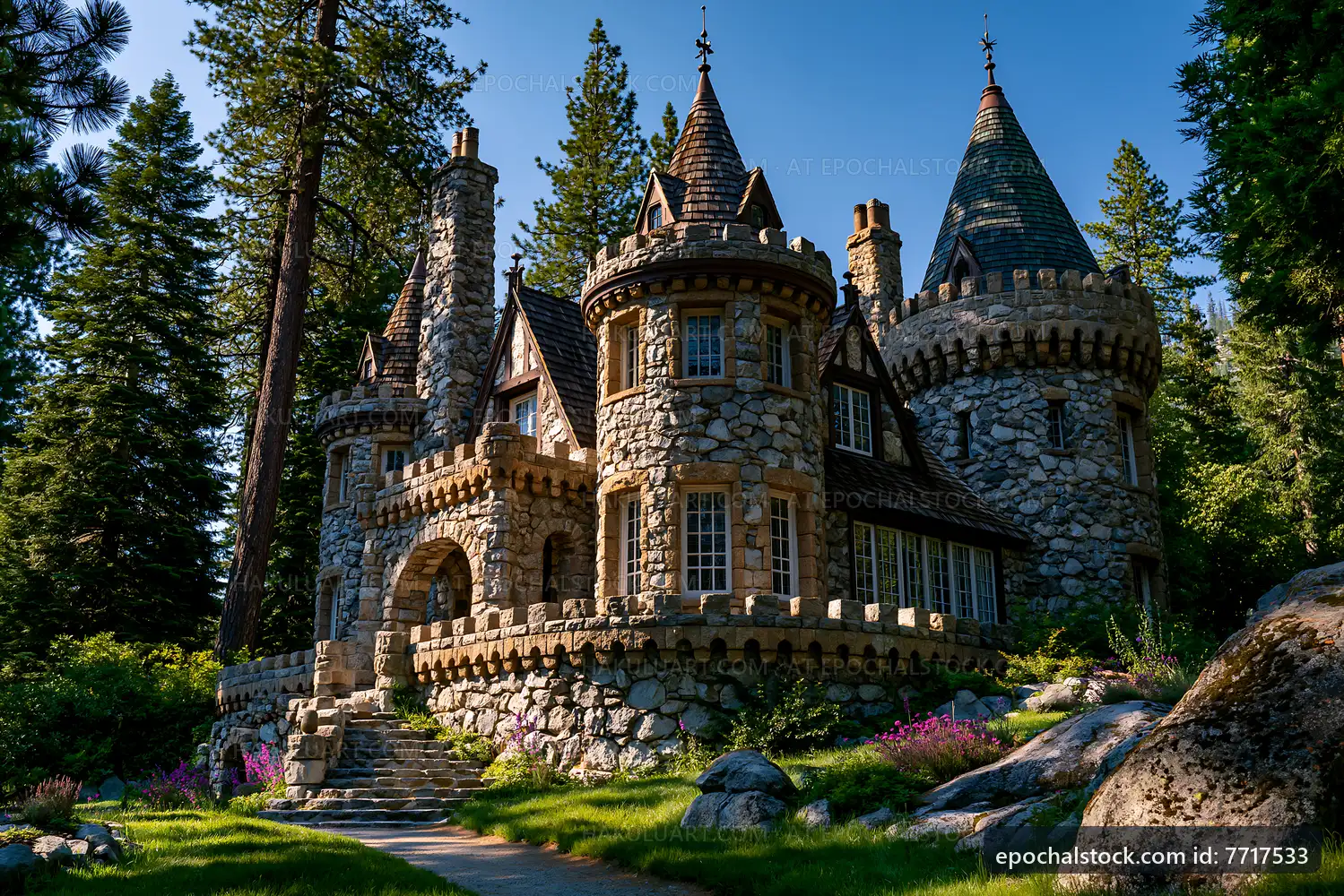 Stone castle surrounded by trees and a garden path