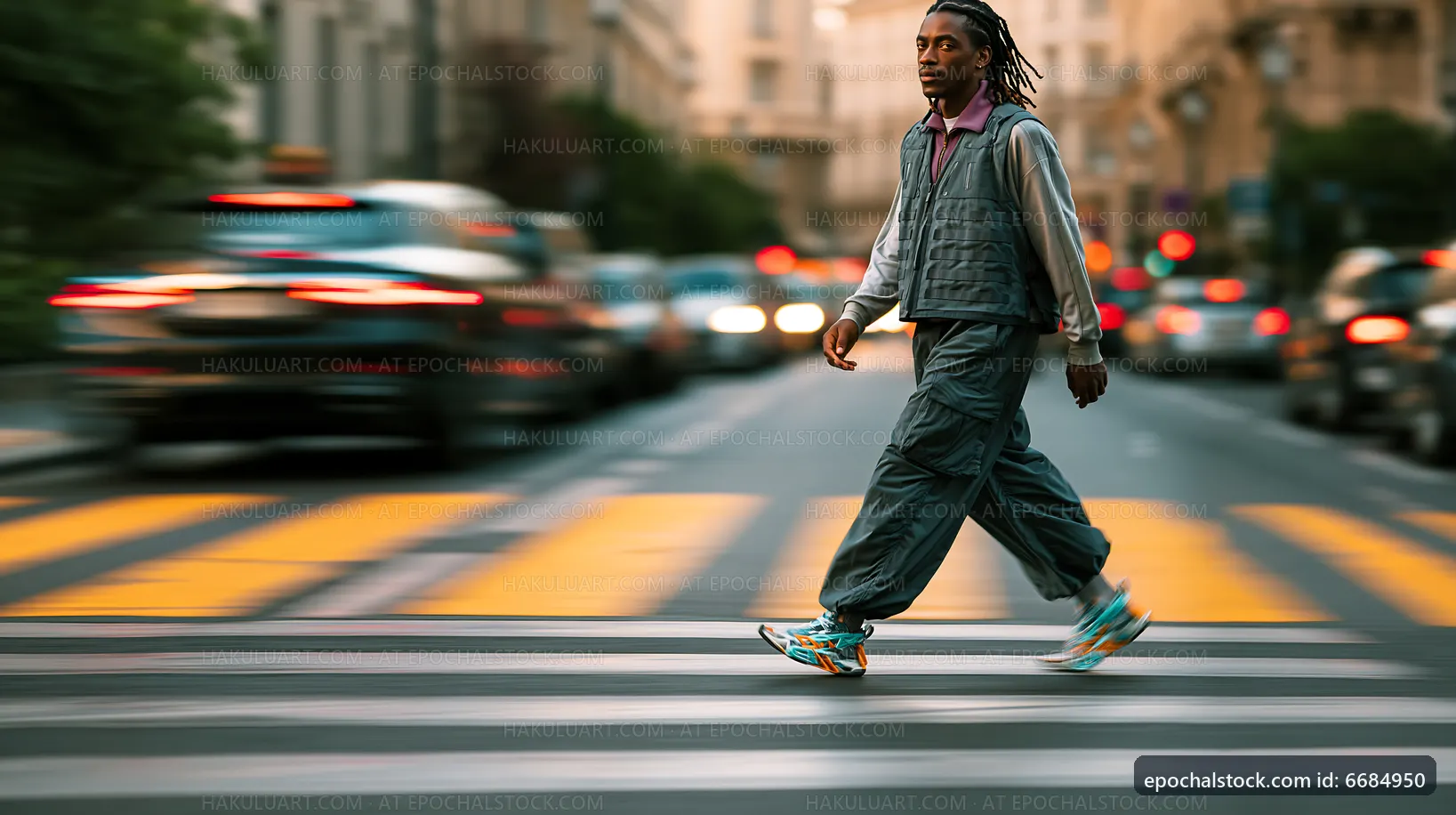 Man walking across crosswalk in urban area during afternoon