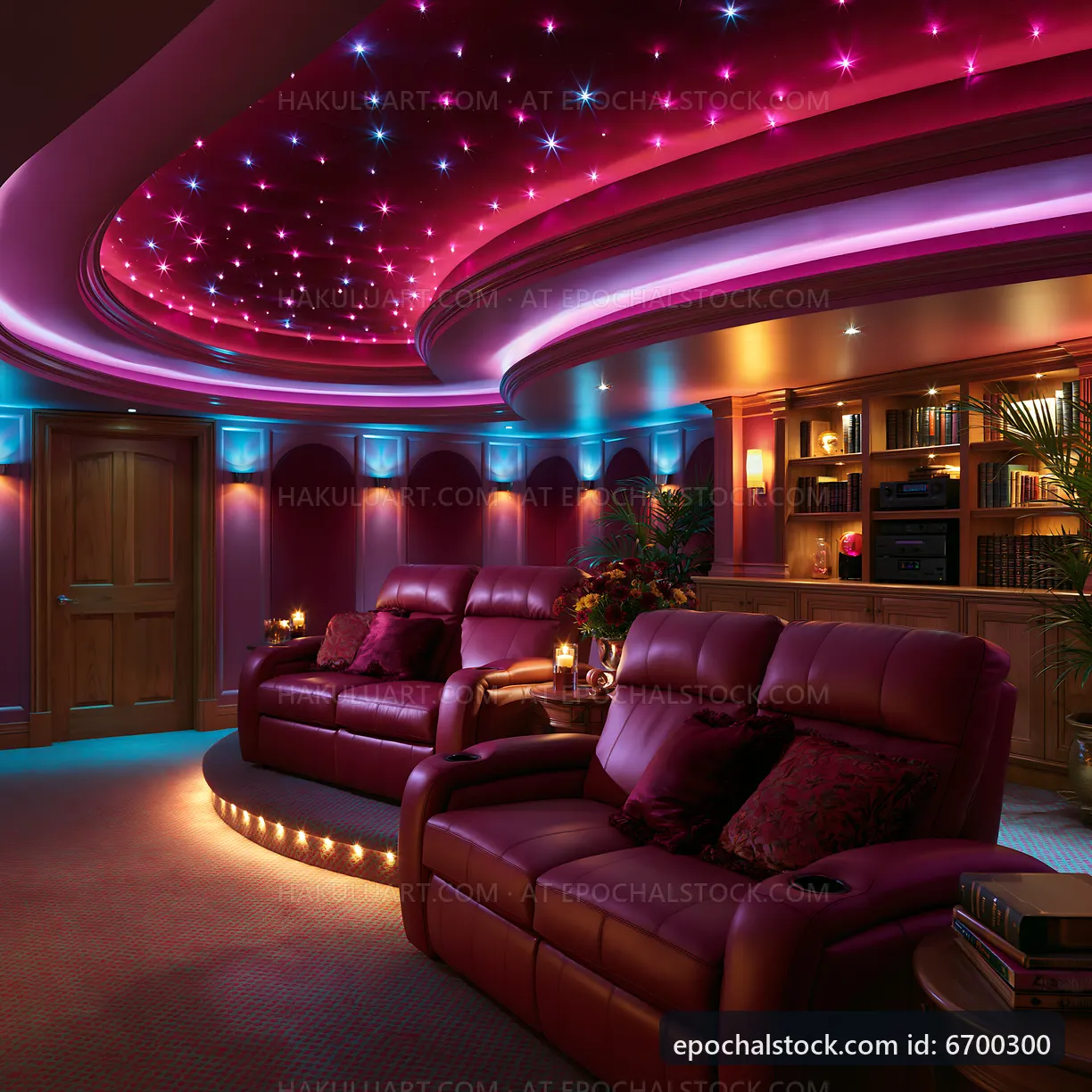 Home theater with cozy seating and colorful lights