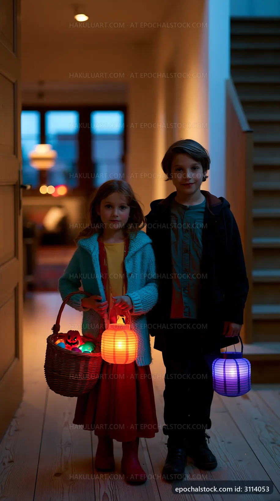 Children holding lanterns in a home during evening time
