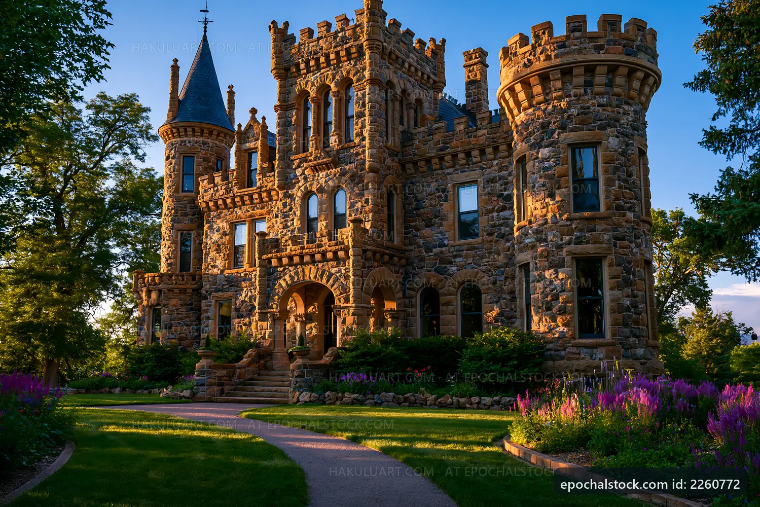 Historic stone castle surrounded by greenery and flowers