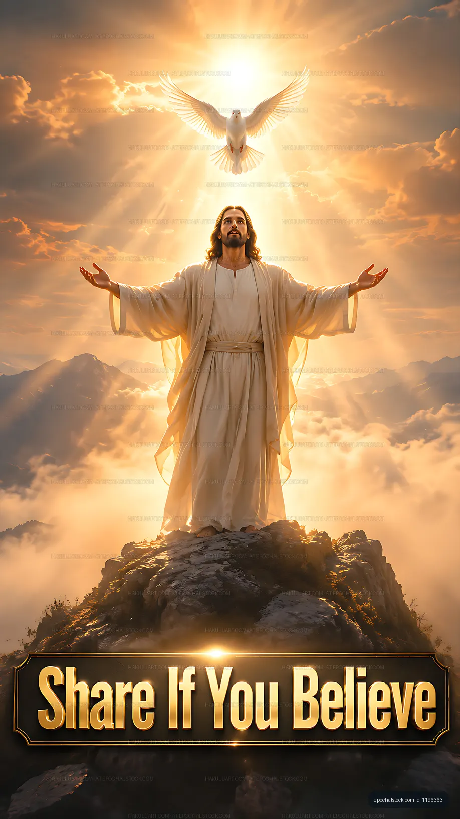 Jesus with arms raised and dove in bright sky