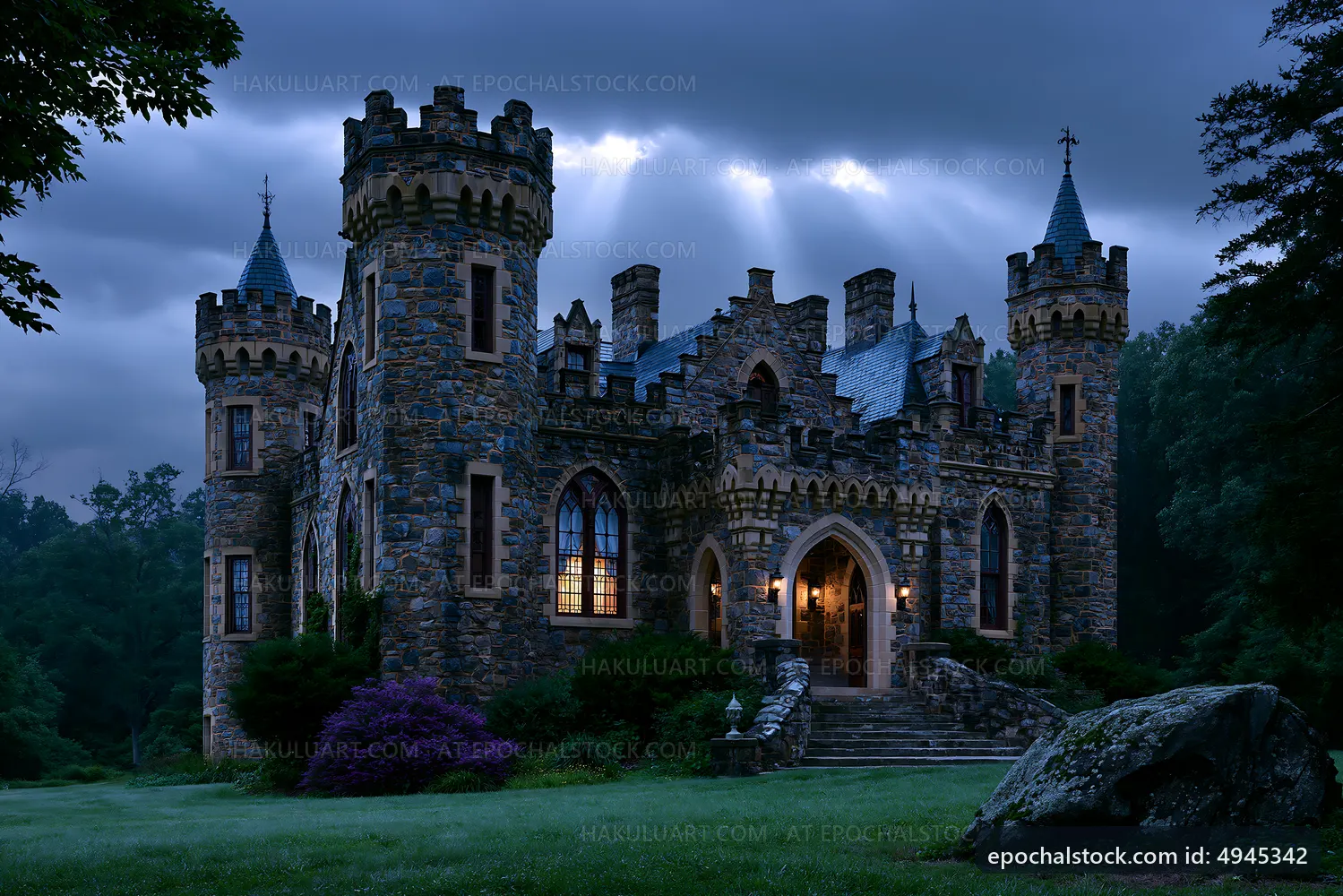 Castle surrounded by trees under a cloudy sky at dusk