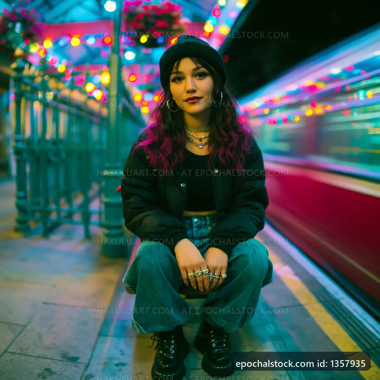 Young woman crouching in a colorful urban setting at night