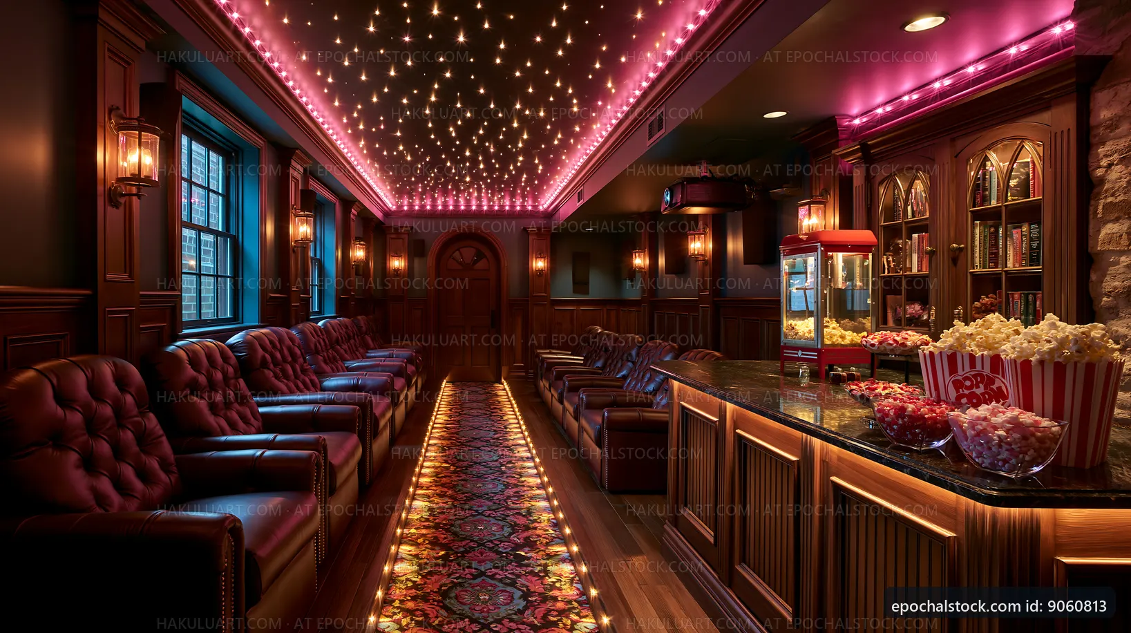 Cozy lounge with popcorn stand and soft lighting
