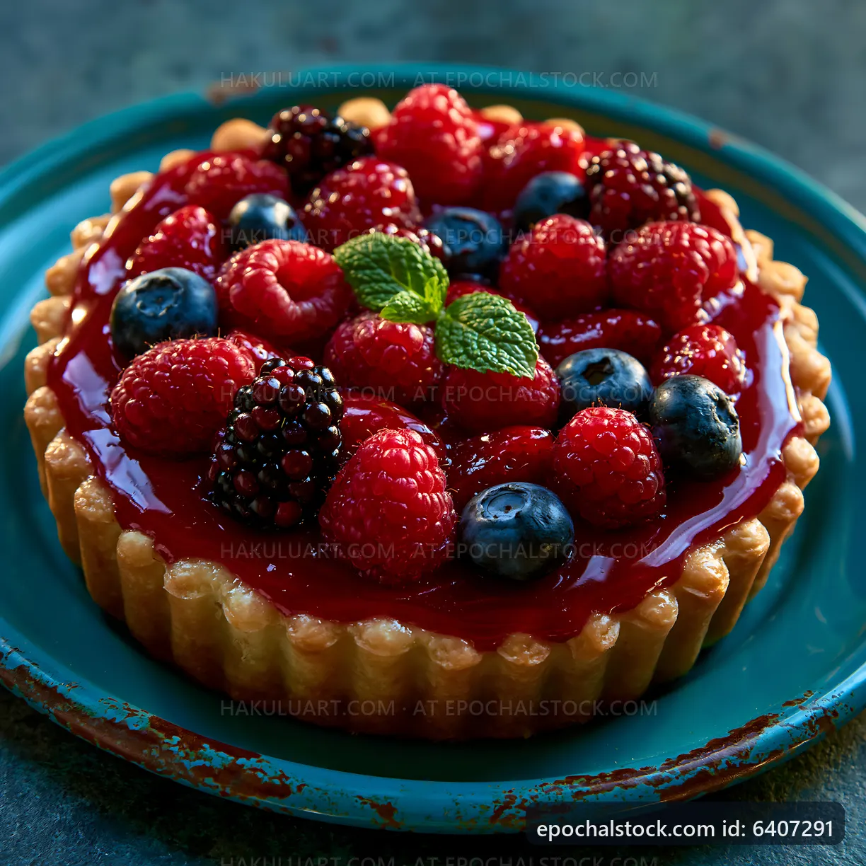 Berry tart on a blue plate with fresh mint leaves